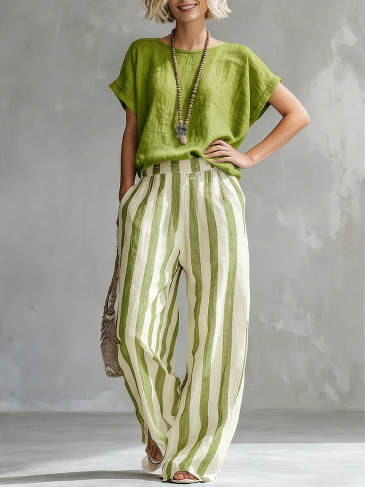 Women's Linen Two-Piece Set Striped Wide Leg Trousers and Short Sleeve Top