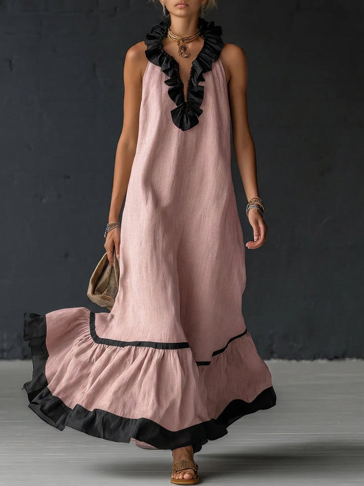 Women's Linen Ruffle Maxi Dress Sleeveless V-Neck Tiered Sundress