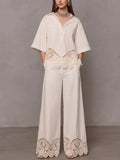 Women's Linen Blend V-Neck Top and Wide Leg Trousers Co-ord Set