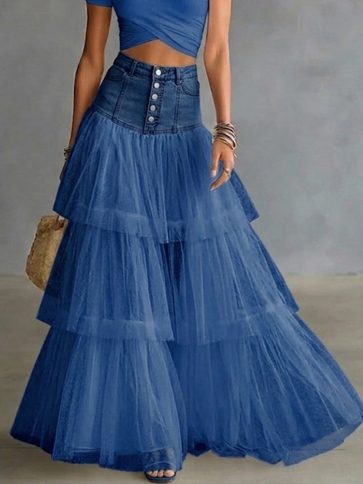 Women's Denim and Tulle Tiered Maxi Skirt