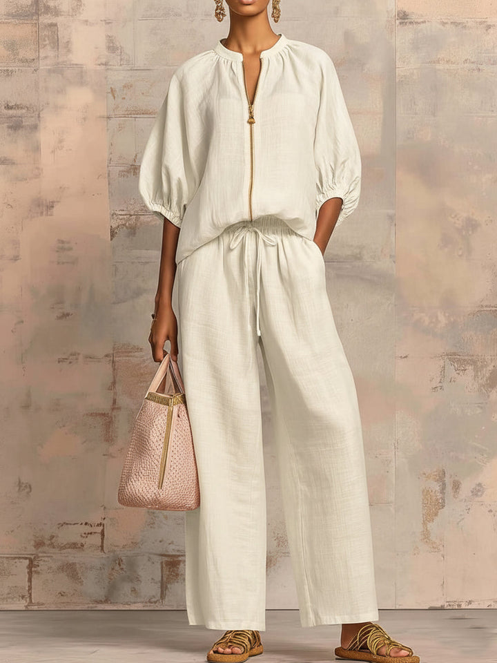 Women's Linen Blend Half Zip Top and Wide Leg Pants Two-Piece Lounge Set