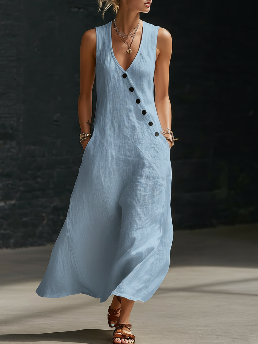 Women's Linen Sleeveless V-Neck Maxi Dress