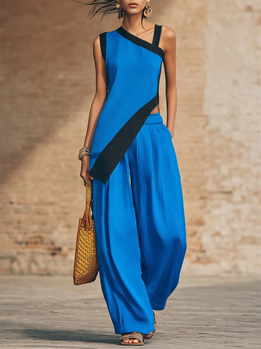 Women's Linen Asymmetric Tunic and Wide Leg Trousers Two Piece Set