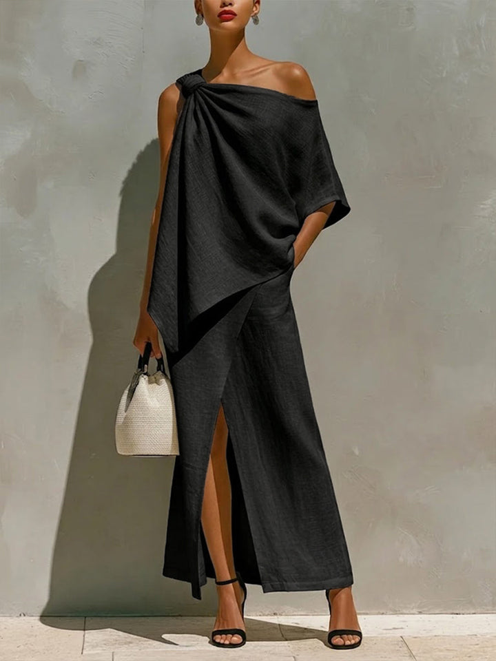 Women's Linen One Shoulder Top and Maxi Skirt Set Two Piece Outfits