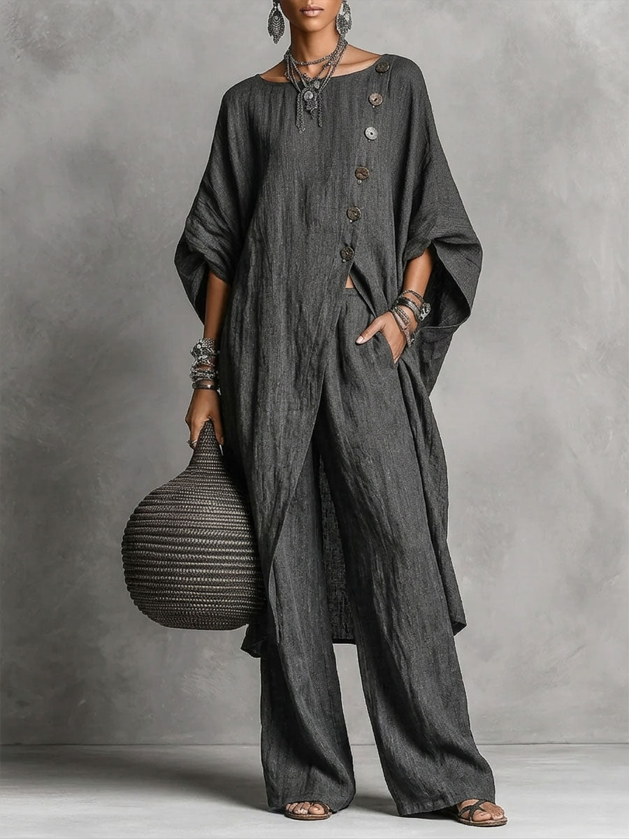Women's Linen Two Piece Loose Tunic & Wide Leg Set