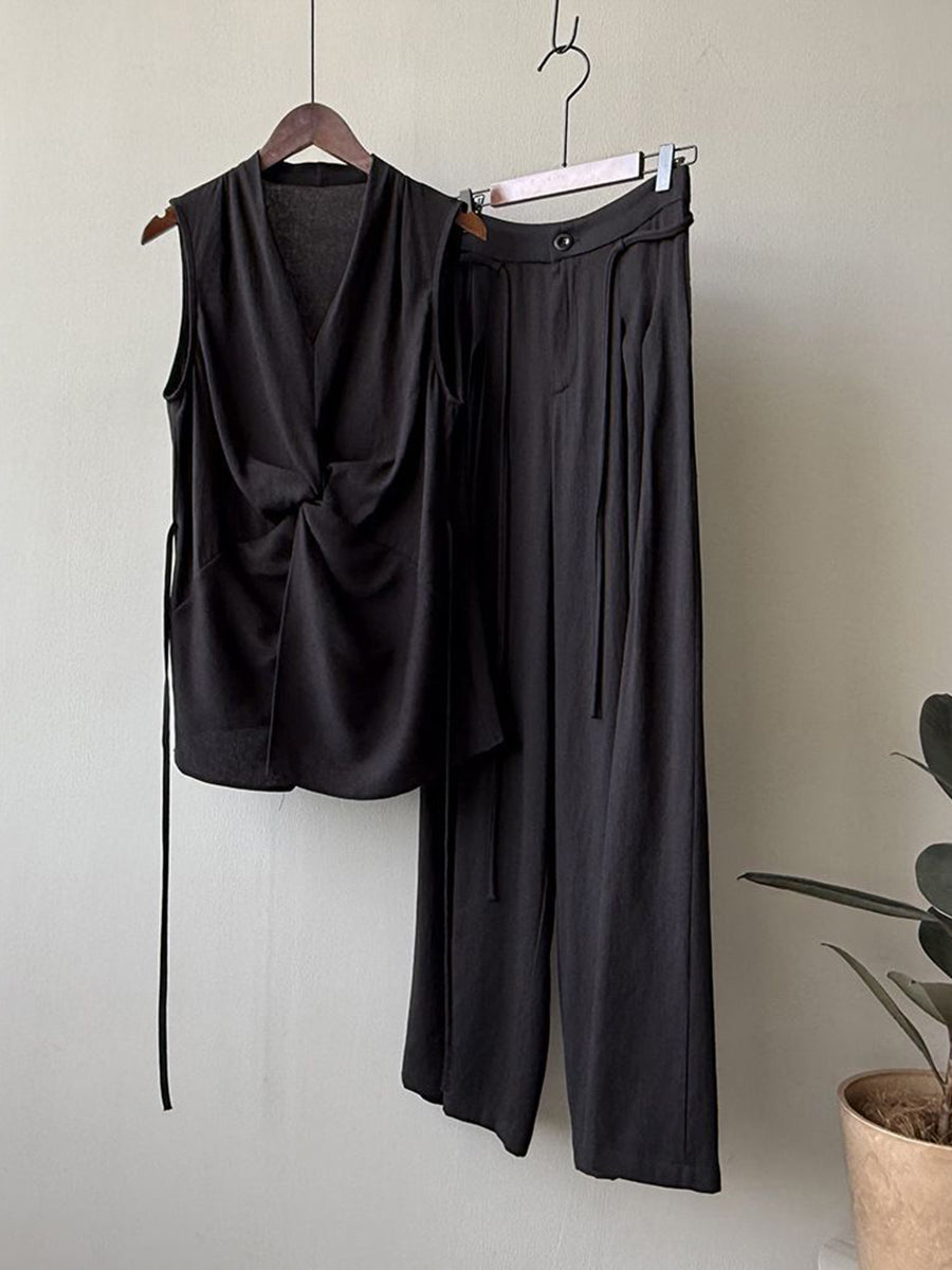 Women's Linen Two Piece Set  Sleeveless Wrap Top & Wide Leg Pants