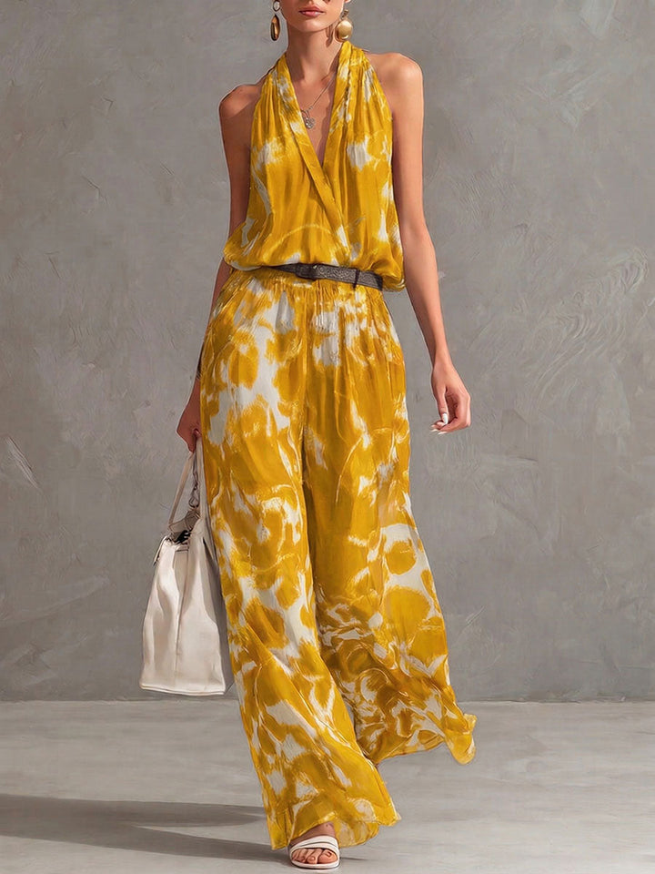 Women's Linen Halter Neck Tie Dye Wide Leg Jumpsuit