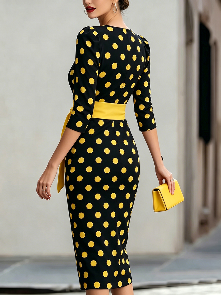 Women's Polka Dot Bodycon Midi Dress With Belt