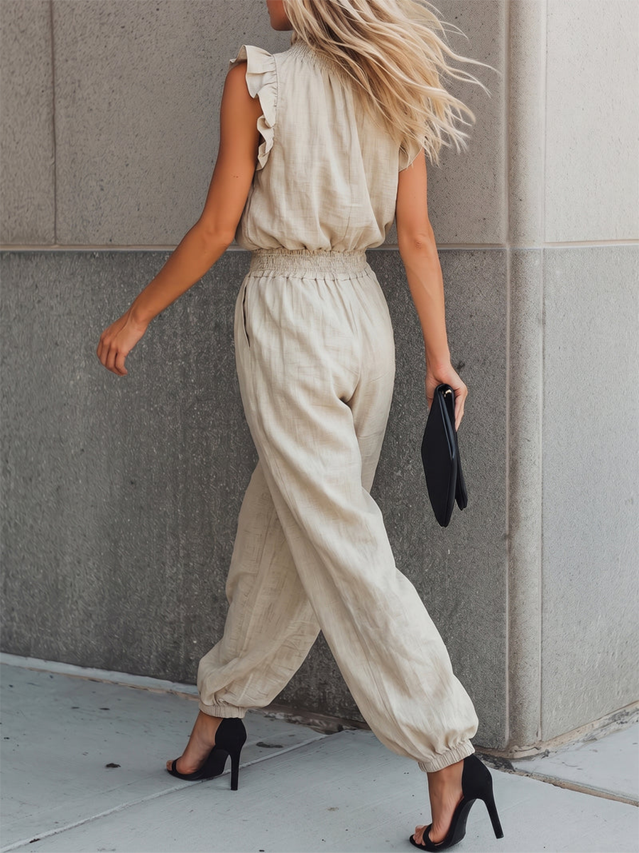 Women's Linen Mock Neck Top and Trousers Two-Piece Matching Set