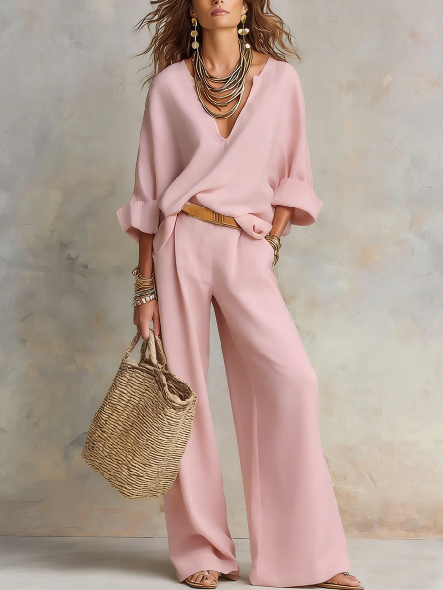 Women's Linen Wide Leg Trousers and V-Neck Top Set