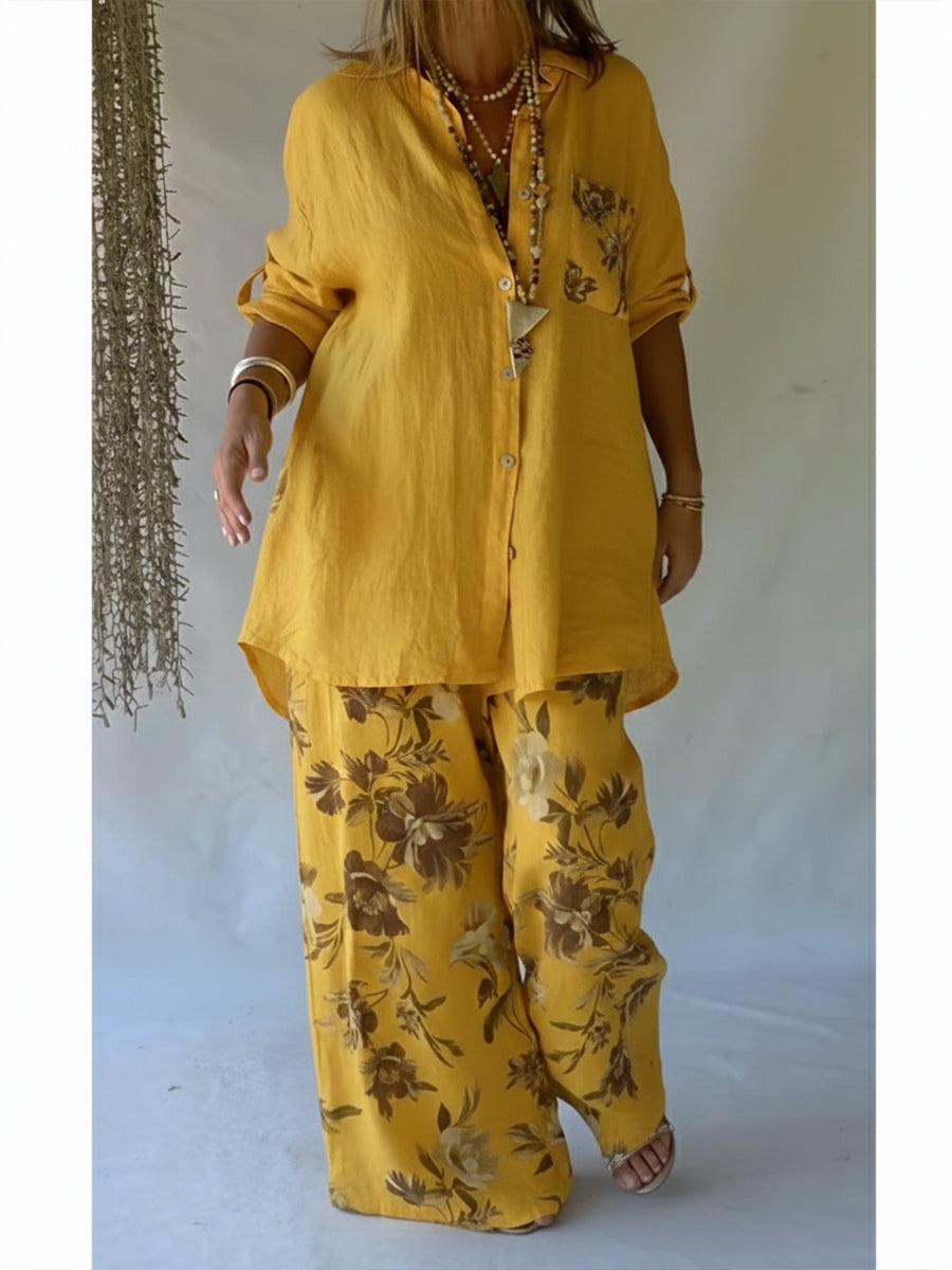 Women's Linen Two Piece Set Loose Long Sleeve Shirt Wide Leg Trousers Outfit
