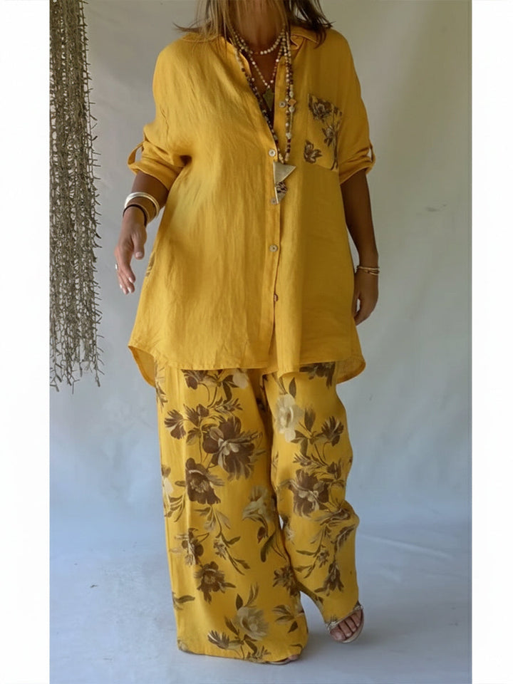 Women's Linen Two Piece Set Loose Long Sleeve Shirt Wide Leg Trousers Outfit