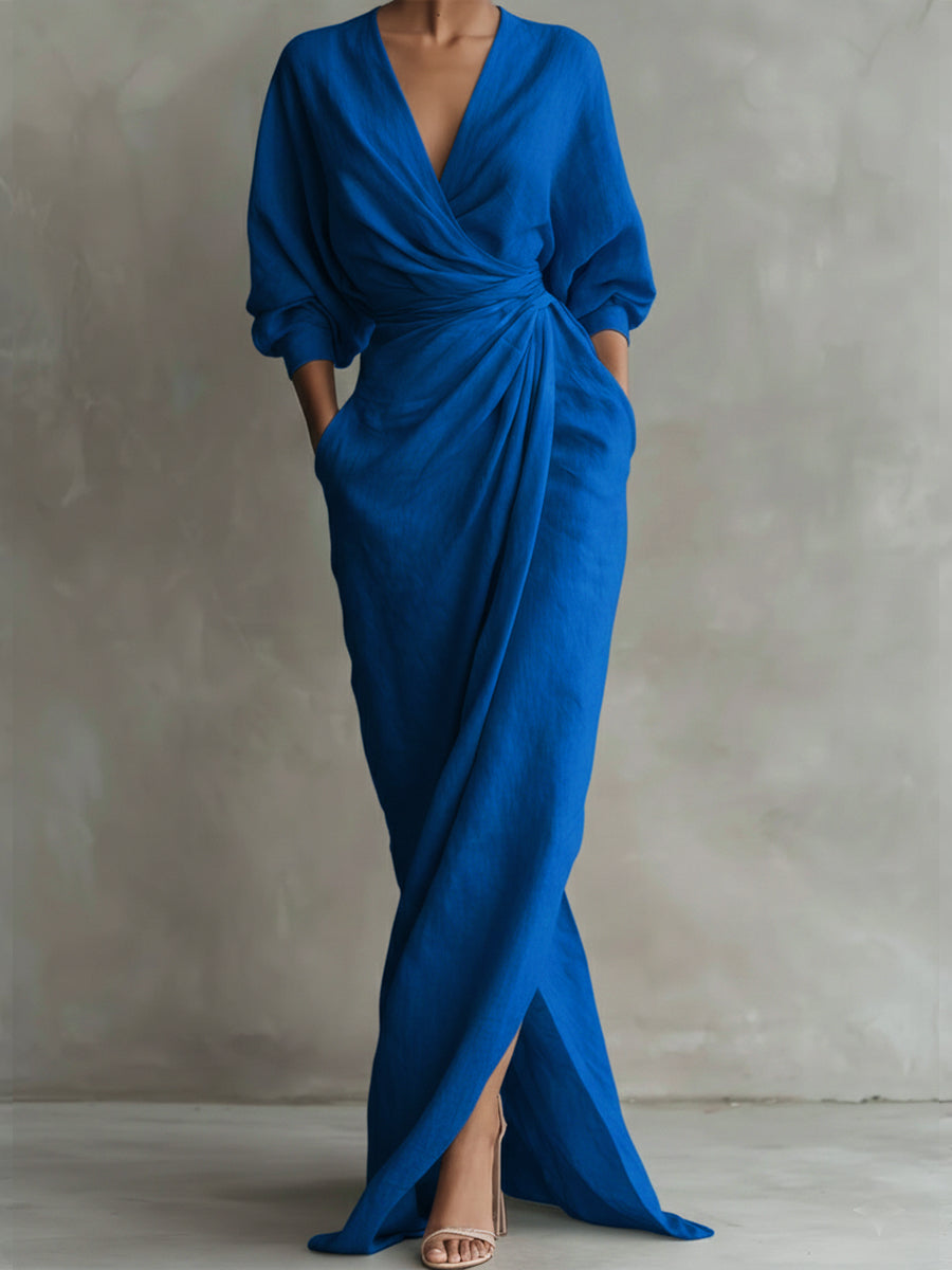 Women’s Linen Wrap Maxi Dress V Neck Elegant Drape Evening Gown