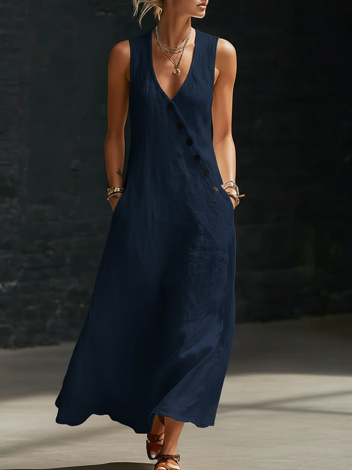Linen Button-Up Women's Maxi Dress Sleeveless Sundress