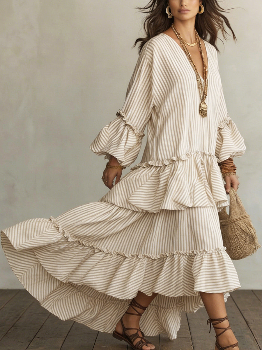 Women’s Boho V Neck Tiered Maxi Dress Linen Blend Bell Sleeve Loose Fit