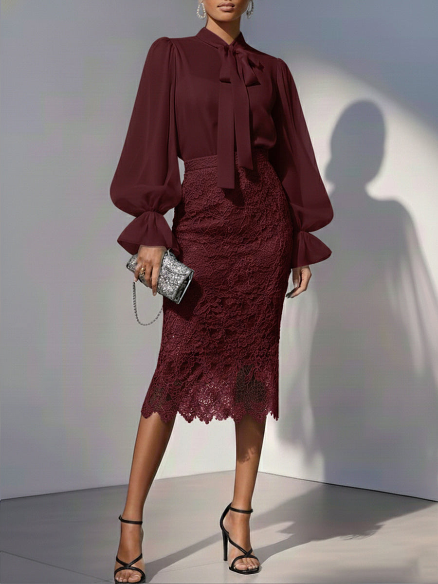 Women's Lace Skirt and Chiffon Blouse Set