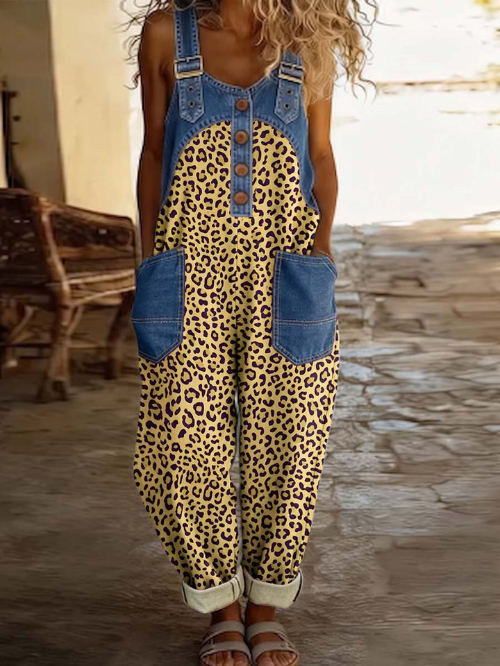 Women's Leopard-Print Denim Wide Leg Jumpsuit