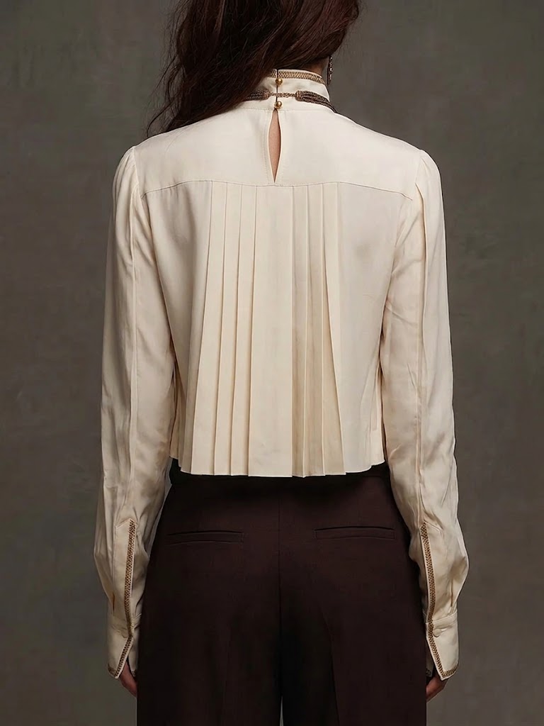 Women's Long Sleeve Pleated High Collar Linen Blouse