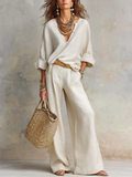 Women's Linen Wide Leg Trousers and V-Neck Top Set
