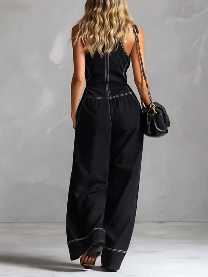 Women's Denim Jumpsuit Sleeveless V-Neck Wide Leg Jean Romper One-Overalls