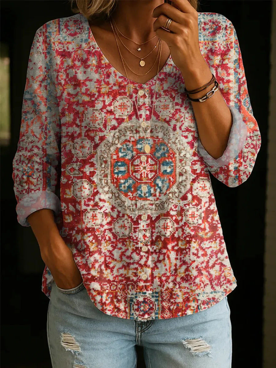 Women's Linen Blouse Vintage Print Long Sleeve V Neck Shirt