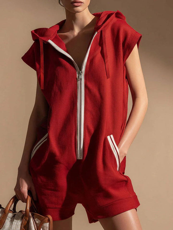 Women's Fleece Sleeveless Hooded Romper Zip Up Jumpsuit
