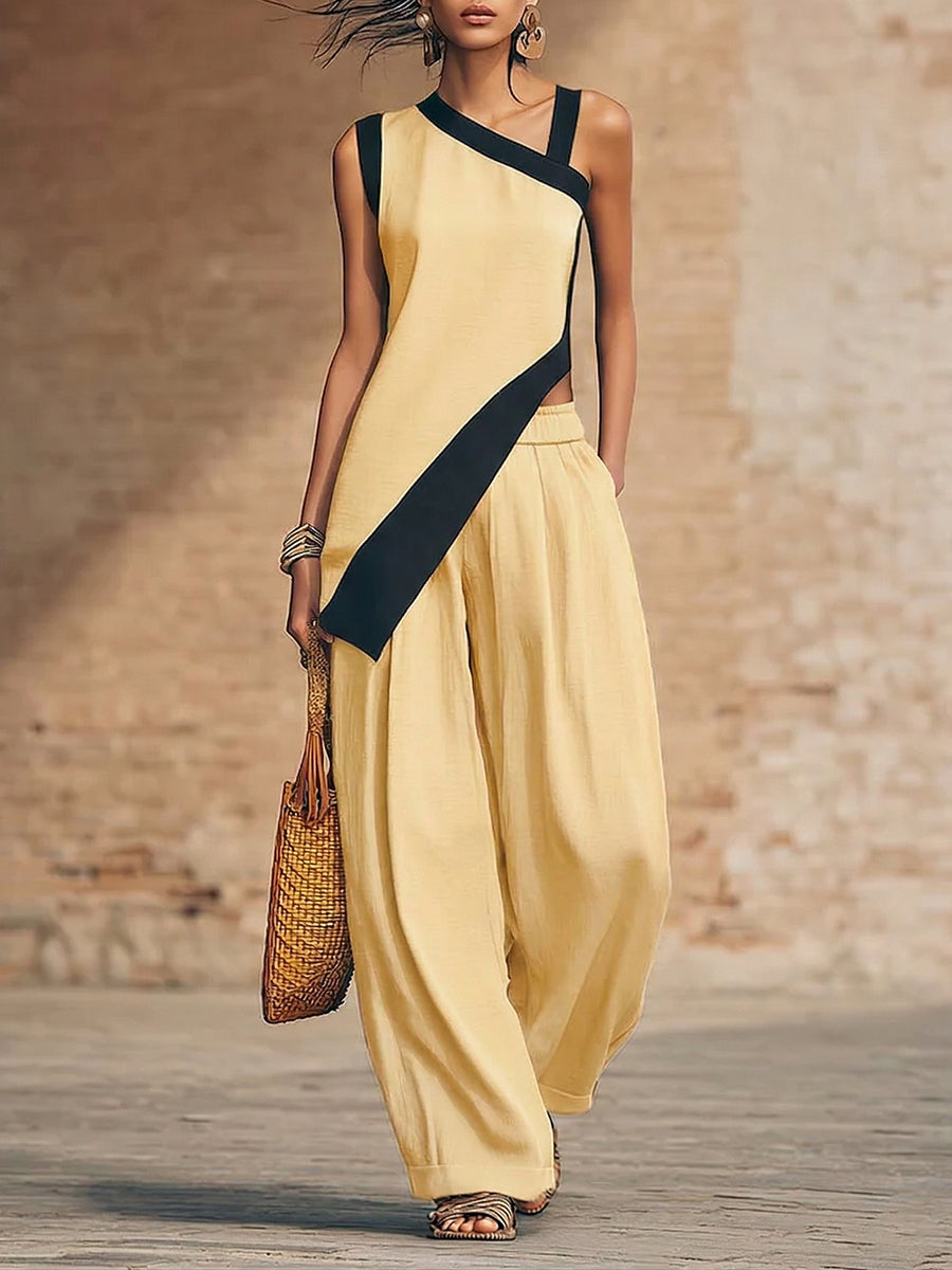Women's Linen Asymmetric Tunic and Wide Leg Trousers Two Piece Set