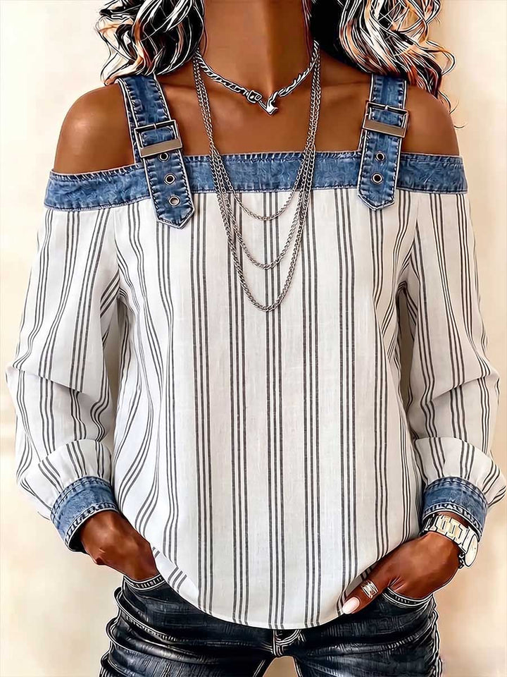 Blouse pour femme en mélange de lin rayé avec bretelles en denim et épaules dénudées