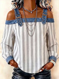 Blouse pour femme en mélange de lin rayé avec bretelles en denim et épaules dénudées
