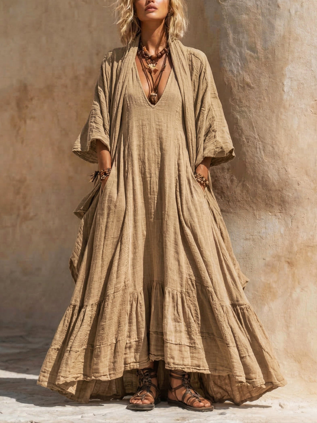 Women's Boho V-Neck Linen Long Sleeve Flowy Maxi Dress – Golden Sands Boutique