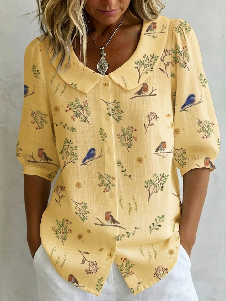 Women's Linen Blouse Bird Print Button Up Shirt Top
