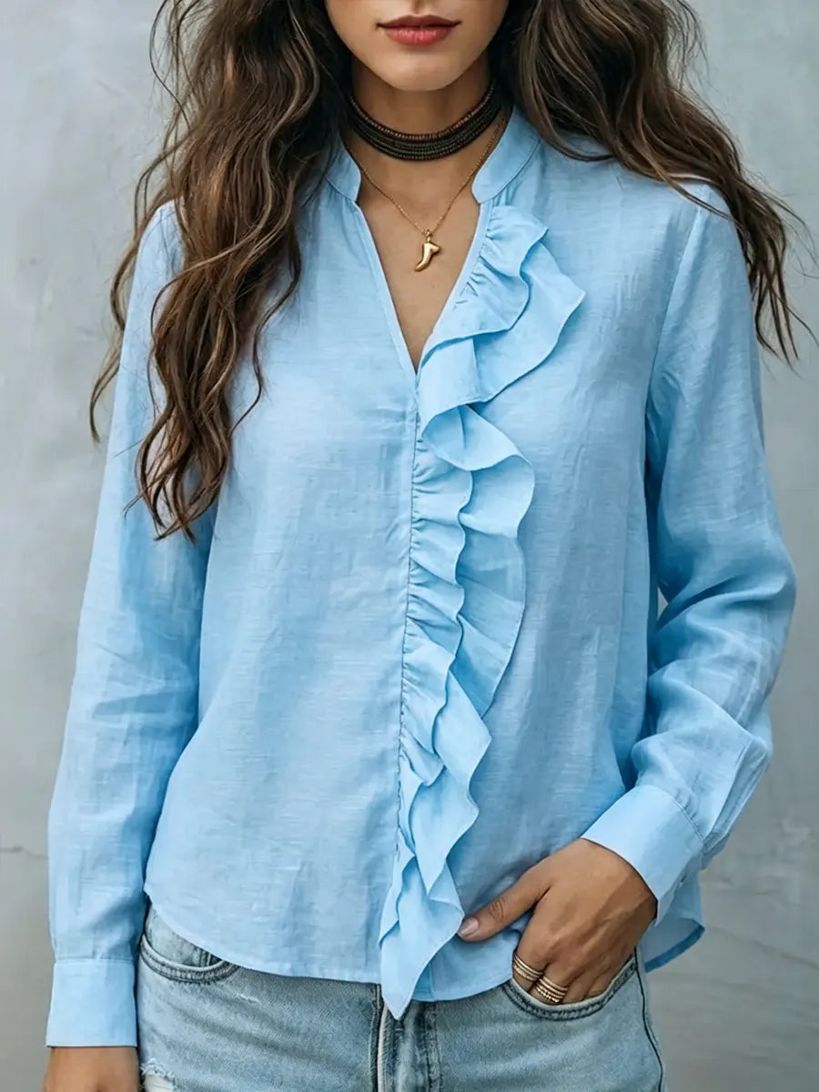 Women's Linen Ruffle Blouse Long Sleeve V-Neck Shirt