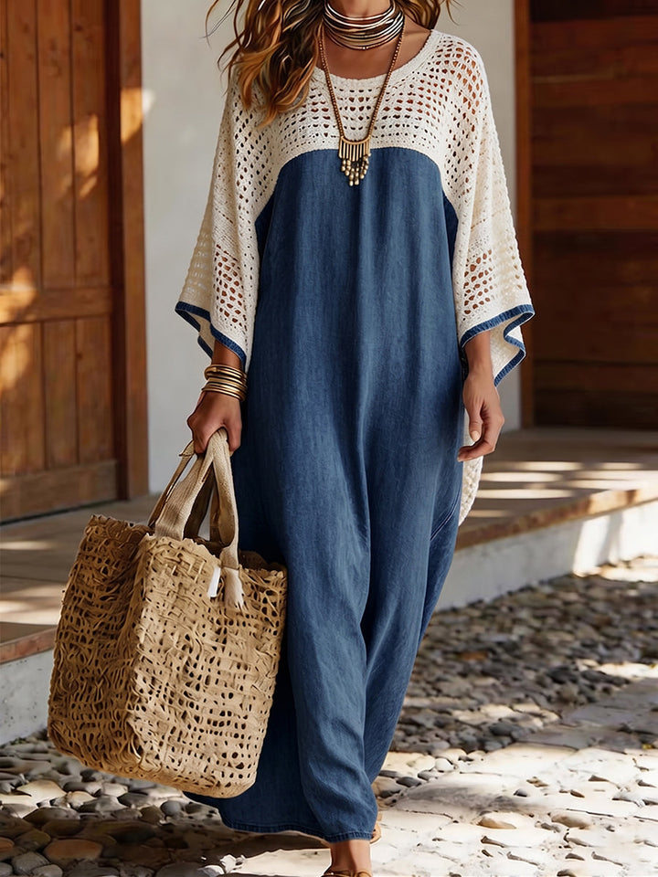Women's Knit Crochet Maxi Kaftan Dress With Flare Sleeves