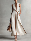 Women's Sleeveless Linen Maxi Dress with Belt Detail