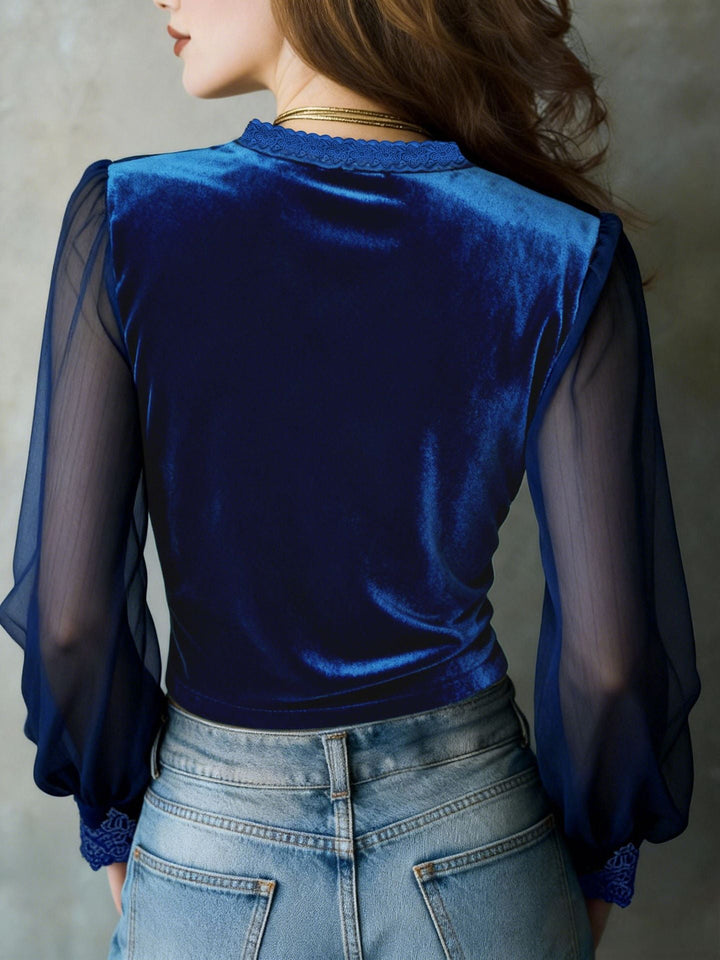 Women's Velvet V Neck Long Sleeve Lace Panel Blouse Top
