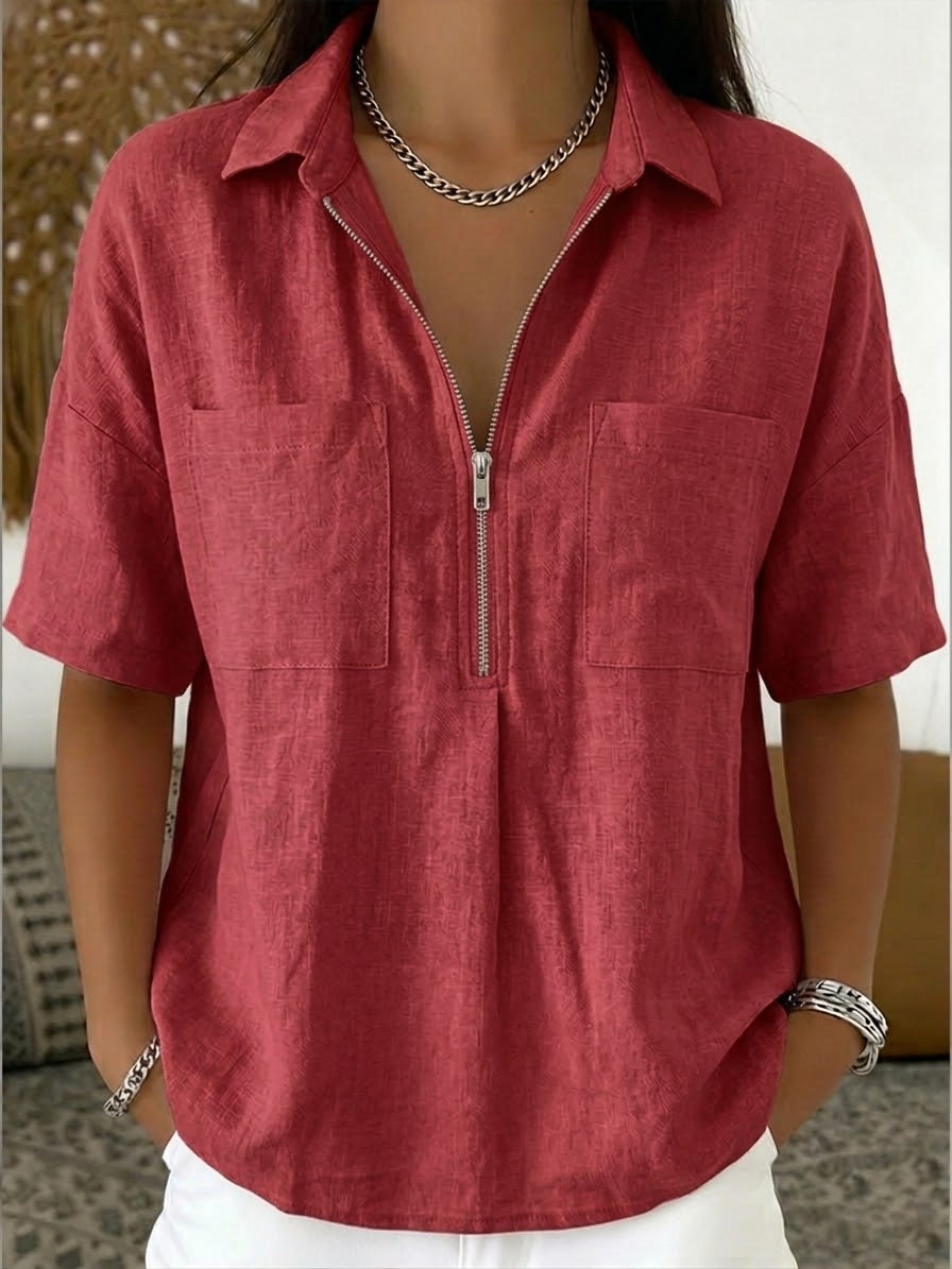 Women's Linen Blend Short Sleeve Zip Collar Polo Shirt