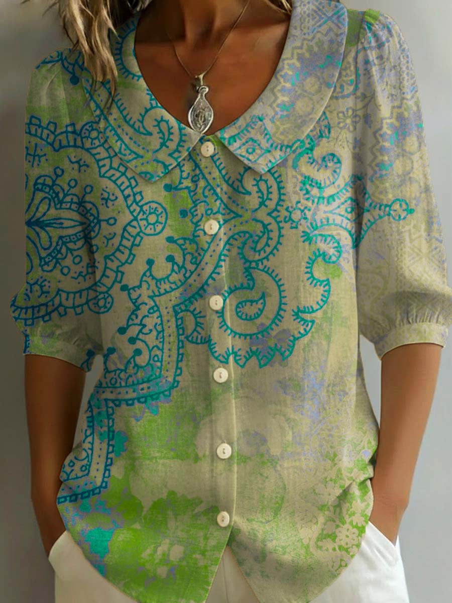 Women's Linen Blouse Vintage Paisley Print Peter Pan Collar Button Up Shirt