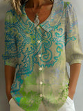 Women's Linen Blouse Vintage Paisley Print Peter Pan Collar Button Up Shirt