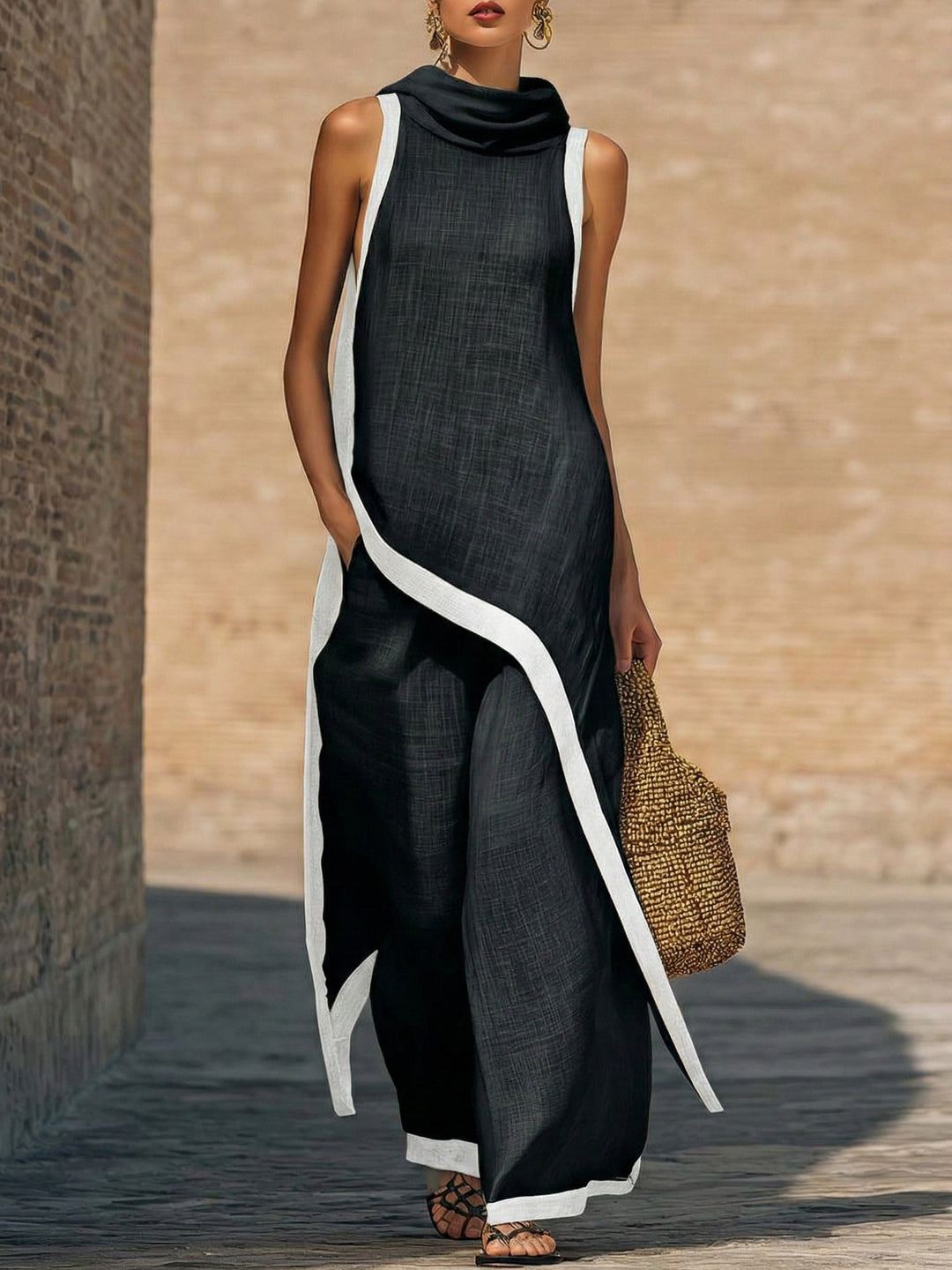 Women's Linen Sleeveless Hooded Knit Maxi Dress Two Piece Set