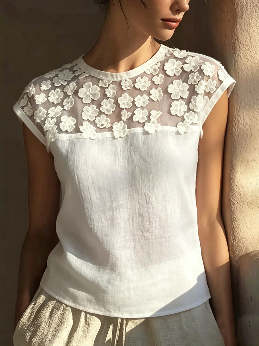 Women's Linen Blouse Flower Mesh Patchwork Short Sleeve Top