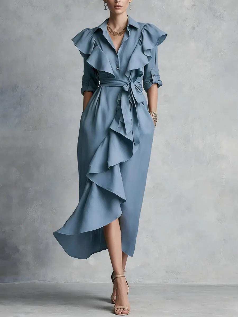 Women's Linen Ruffle High-Low Hem Tie-Waist Shirt Dress