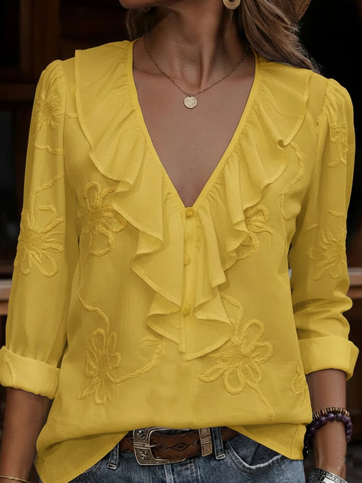 Women's Linen Ruffle V Neck Blouse