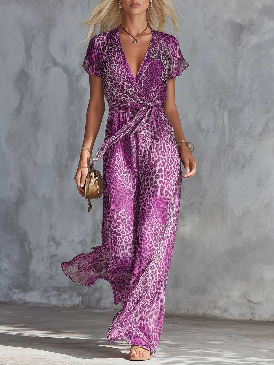 Women's Leopard Print Chiffon Short Sleeve V-Neck Jumpsuit