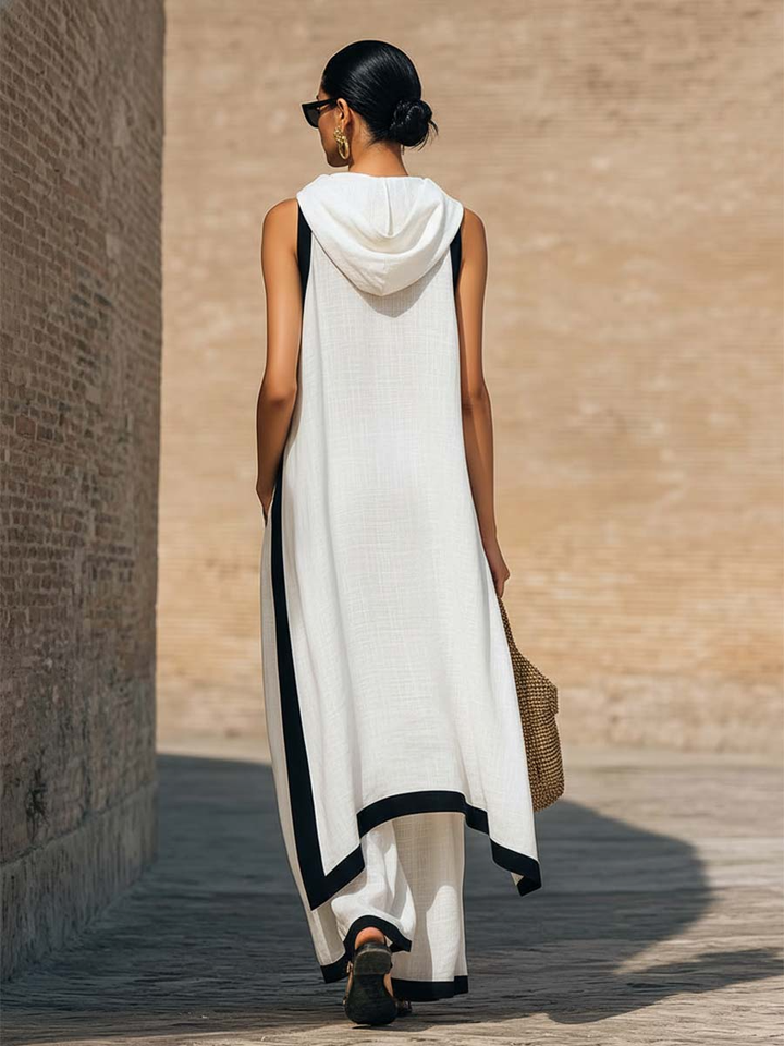 Women's Linen Sleeveless Hooded Knit Maxi Dress Two Piece Set