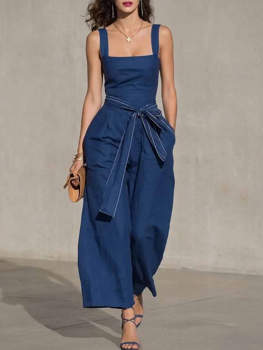 Women's Sleeveless Wide Leg Linen Romper Jumpsuit with Tie Waist