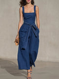Women's Sleeveless Wide Leg Linen Romper Jumpsuit with Tie Waist