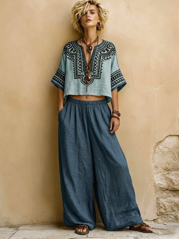 Linen Women's Boho Embroidered V-Neck Crop Top and Wide Leg Trousers Set
