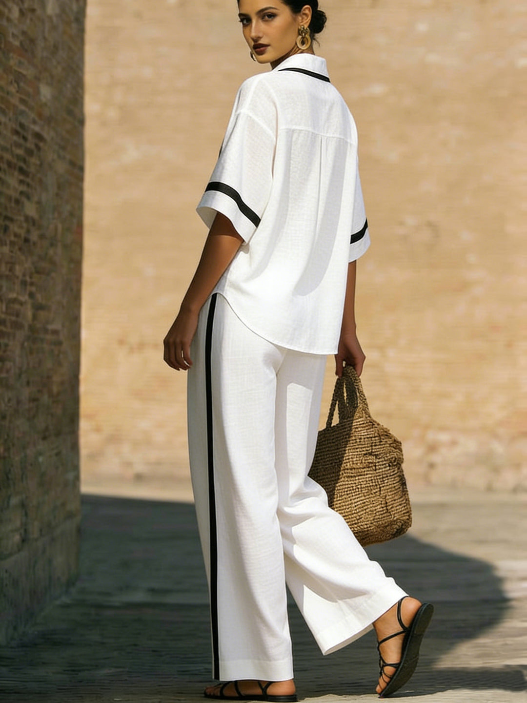 Women's Linen Two Piece Lounge Set Wide Leg Trousers V-Neck Shirt Top