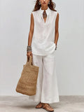 Women's Linen Sleeveless V-Neck Top & Wide Leg Pants Two Piece Set