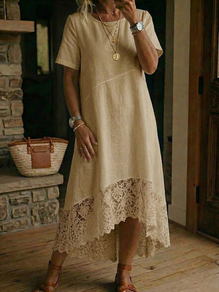 Women's Linen High-Low Midi Dress with Short Sleeves